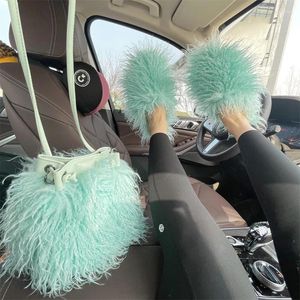 Casual Shoes Arrival Designer Faux Wool Slippers Fashion Plush Shoe Bag Set Lady Bucket Slide Women Furry Flip Flops Zapatillas