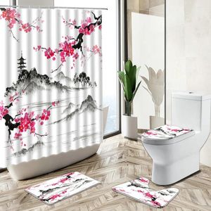 Shower Curtains Landscape Cherry Blossom Flower Curtain Japanese Traditional Art Ink Painting Bath Mat Toilet Cover Bathroom Carpet Set