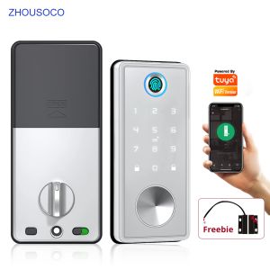 Bloquear Tuya Wi -Fi Smart Door Lock App Controle remoto Impressão digital Biométrica Teclado Código de cartão inteligente digital de Deadbolt trava automática Lock