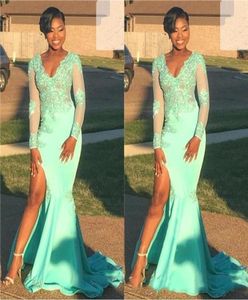 2019 New Mermaid African Cheap Prom Dresses for Black Girl V Neck Mint Green Lace Long Sleeves Prom Dress High Split Evening Gowns2975718