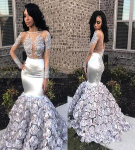 Glamorösa 3D Rose Flowers Mermaid Prom Dresses 2019 Appliques Beads Sheer Long Sleeve Evening Clown Silver Stretchy Satin Robes de 1119102