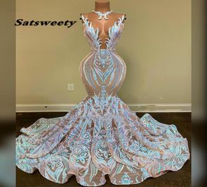 Långa sexiga balklänningar sjöjungfru Sheer Oneck Black Girl African Sequin Gala Party Dress9087886
