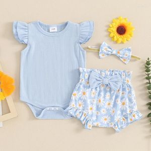 Clothing Sets 3Pcs Cute Born Baby Girls Summer Clothes Ruffle Sleeve Solid Color Romper Floral Print Shorts With Headband