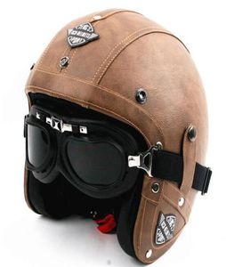 Продать Men Vintage Leather Motorcle Helme Open Face Retro Pilot Cruiser Helmets Motocicleta Jet Moto Cascos Capacete Dot6687628