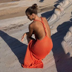 Casual Dresses Orange Sticked Maxi Beach Dress Women Sexig Split Backless Slim Long Bikini Cover Up 2024 Summer Holiday Outfits ärmlös