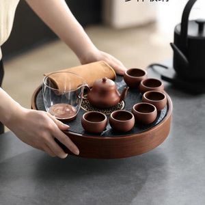 Tea Trays Round Small Tray Serving Wooden Office Pot Fruit Vintage Ceremony Drainage Oil Chinese Bandejas Home Decorationgs