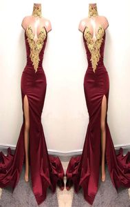 2017 Ny ankomst Bourgogne Mermaid Prom Dresses Lace Gold Applique Sweetheart Elastic Satin High Side Split Formal Dresses Evening 2555259