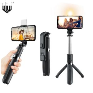 Monopods YLW Wireless Bluetooth Handheld Gimbal Stabilizer Mobiltelefon Selfie Stick Stativ med Fill Light Shutter för iOS Android