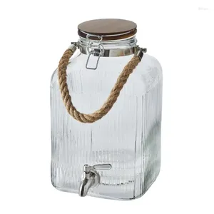 Water Bottles 2 Gallon Ribbed Clear Glass Beverage Dispenser With Acacia Wooden Lid