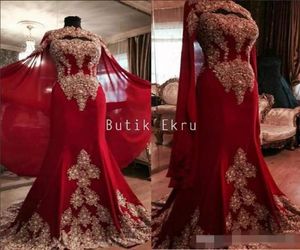 Dark Red Long Evening Dresses 2019 Arabic Style With Wrape Gold Appliques High Neck Mermaid Beaded Formal Prom Dresses Custom Made4535045