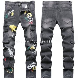 Herren Jeans 2024 Männer gedruckter Denim Cargo Trendy Bag Hosen Mode Slim Bleistift Mid-Rise Hosen Jogger Jeans Big Joggers Jeans für Männer Overall Shorts Jeans Frauen