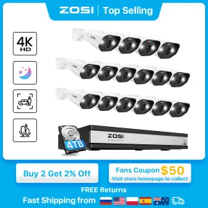 System ZOSI 16CH 4K PoE Home Security Camera System 8MP NVR Set Outdoor Indoor Color Night Vision AI IP Camera Video Surveillance Kit