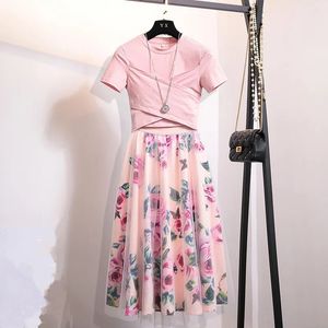 Zawfl Summer Women 2 Piece Set Fashion Pink Cotton Bowknot Short T Shirt Mesh Floral Print Big Swing Long Kjol Duits 240319