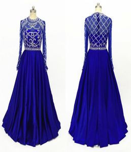 Fantastisk Royal Blue Long Sleeve Pageant Prom Dresses 2022 High Neck Illusion Crystal Pärled Sequin A Line Satin Hollow Back Evenin3473280