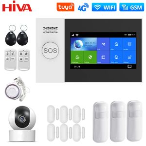 Kits HIVI 4G WiFi GSM Alarm System för hemsäkerhet med IP -kamera PIR -sensor Tuya Smart Life App Control Support Google Alexa PG107
