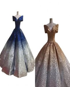 Stunning Navy Gold Prom Evening Dresses 2022 Sequined Dress With Short Sleeve Gradient Ombre Designer Ball Gowns For Women Formal 8040008