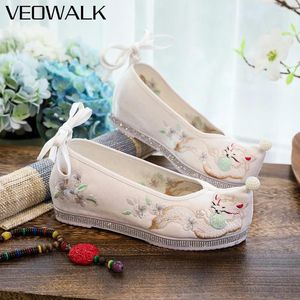 Sapatos casuais veowalk animal bordado feminino algodão tecido chinês estilo hanfu tornozelo tira plataformas não deslizantes brancas azul claro