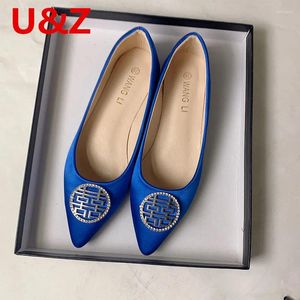 Casual Schuhe Doppel Glück Chinesisches Hochzeitsbüro Royal Blue Dark Satin Flats Laafer Braut Brautjungfer plus großer Größe 44