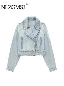 Nlzgmsj TRAF Womens Fashion Denim Biker Jacket Women Vintage Lapel Long Sleeve Zipper Belt Female Chic Coat 240401