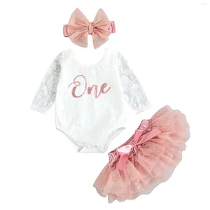 Kläderuppsättningar 2024 Spring Sweet Baby Girls My First Birthday Outfits Fashion Söt långärmad blommig spets Romper Tutu kjol pannband 3 st