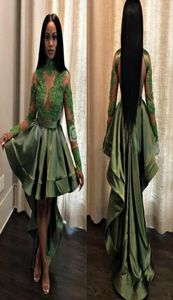 Emerald Green Black Girls High Low Prom Dresses 2018 Sexy See Through Appliques Sequins Sheer Long Sleeves Evening Gowns Cocktail 3386111