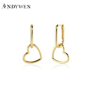 Kolczyki Andywen 925 Sterling Silver Plain Square Serce Hoops Heart Drop Kolej Kobiety Luksusowa biżuteria Fine Women Party Rock Punk Pendient