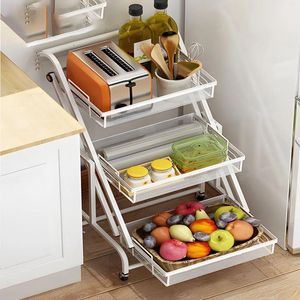 Kök förvaring golvet stående handcart multifunktionellt rack parallell vikning grönsak och fruktkorg 360 roterande mellanmål vagn