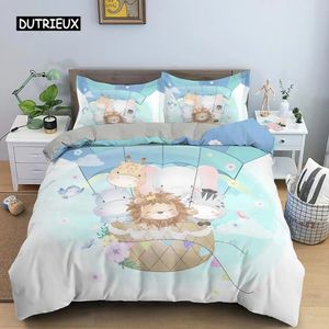 Cartoon Animal Duvet Zestaw Kids Lion Hippo Giraffi Wzór pościeli Zestaw Poliester Single Queen King size Cover Cover 240401