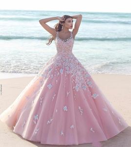 Princess Floral Flower Pink Ball Gown Quinceanera klänningar Applique Tulle Scoop ärmlös spetsbodice Long Prom Dresses Formal Par6017619