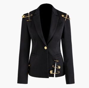 Novo inverno de inverno mulheres pretas blazers leão cabeça de botão de ouro pinos blazer casaco de manga longa slim office business capa