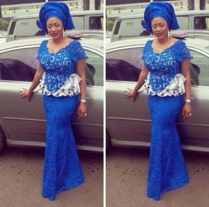 Vestidos de baile de renda nigeriana azul royal vestidos de manga curta vneck de manga curta com trompete peplum aso ebi estilo formal 3082399