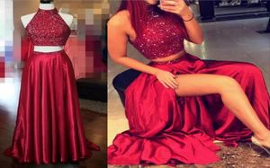 Shinning Two Pieces Prom Dresses High Neck Crystal Beading Dark Red Hollow Back Side Split aftonklänningar Långa formella cocktail Part8021999