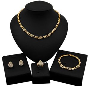 Yulaili Dubai Electroplating 18K Gold Drop Shaped Zircon Halsband Armband Earring Ring Set Fashion Ladies Party Luxury Wedding DA3117175