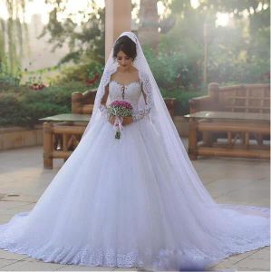 Sukienki vintage długie rękawy sukienki ślubne z ukochaną iluzję zamiatanie pociągu ślubne suknie ślubne w stylu afrykańskim Dubai Bridal d