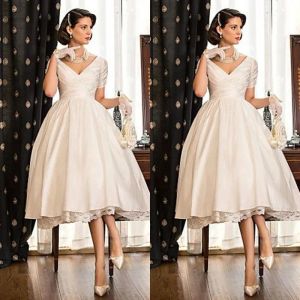 Dresses Elegant Short Wedding Dresses Lace Satin Tea Length Puffy Wedding Gowns Duabi Arab Short Sleeve Ball Gown Vneck Ruched