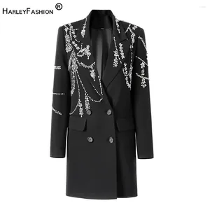 Frauenanzüge Europäische High Street Super Luxury Design handgefertigte Strasssteine Perlen Frauen Schwarze lange Jacken Chic Lady Blazer