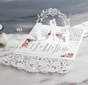 10st European Laser Cut Wedding Invitations Card 3D Tri-Fold Lace Heart Elegant Greeting Cards Wedding Party Favors Decoration 240323