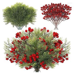 Dekorativa blommor 48 datorer Konstgjorda kvistar Faux Pine Leaves Greenery Stems Picks för Xmas Greenred