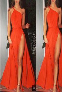 Fashion Orange Prom Dresses Evening Wear One Shoulder Gleats High Leg Split Draped Chiffon Formal Celebrity Runway Gowns Cheap6208813