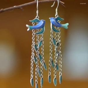 Dangle Küpeler S925 STERLING Gümüş Swallow Püskül Kadınlar Vintage Sıkıntılı Stil Mavi Zanaat Dönüş Kulak Kancaları