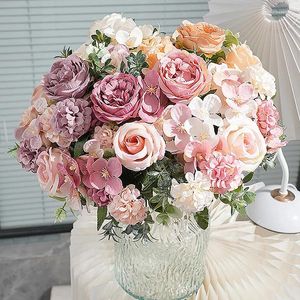 Decorative Flowers 7 Heads Artificial Silk Peony Rose Hydrangea Bouquet Home Decorations Party Wedding Bride Fake Plants