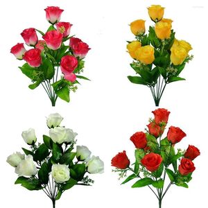 Decorative Flowers 10 Heads Artificial Silk Fake Red Rose Bud Bunch Wedding Bridal Bouquet Home Outdoor Party Decoration