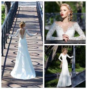 Sheer V Boyun Denizkızı Gelinlik 2016 Rode De Mariage Seksi Sırtsız Uzun Kollu Tam Dantel Gelin Gowns Özel Made8266147