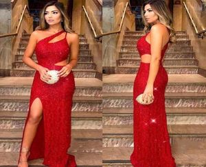 New Red Sequined Evening Dresses Sexy One Shoulder Split Holiday Wear Formal Party Prom Gowns Custom Made Plus Size8729210