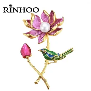 Broscher rinhoo utsökta lotus blomma liten fågel för kvinnor vintage blommig emaljstift växt krage lapel märke bröllop smycken