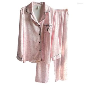 Abbigliamento da casa con prua rosa Stampa di pigiama set da notte per nightwear 2 pezzi di raso da donna in raso da donna a manica lunga