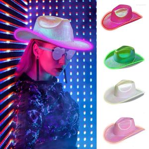 Beralar Parlak Renkler Kovboy Şapkası Geniş Led Cowgirl Rüzgar Geçirmez Halat Cadılar Bayramı Holografik Işık Caz Moda Aksesuarları