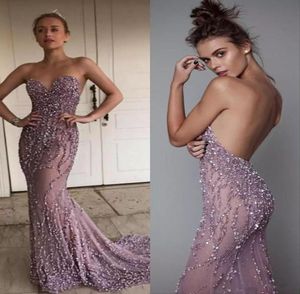 Berta Luxury Arabiska kvällsklänningar Backless Sweetheart Beaded paljetter Mermaid Prom Dresses See Through Formal Party Gowns6871455