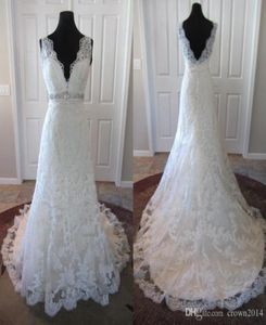 Lace V Neck Beaded Wedding Dress Appliques Backless Crystal Sash Aline Real Picture High Quality Bridal Gowns2030038