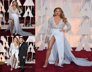 Stunning 2021 Evening Dresses Long Sleeves V Neck Sweep Train Sheath Chrissy Teigen Red Carpet Dresses Oscar Blue Custom Made8718474